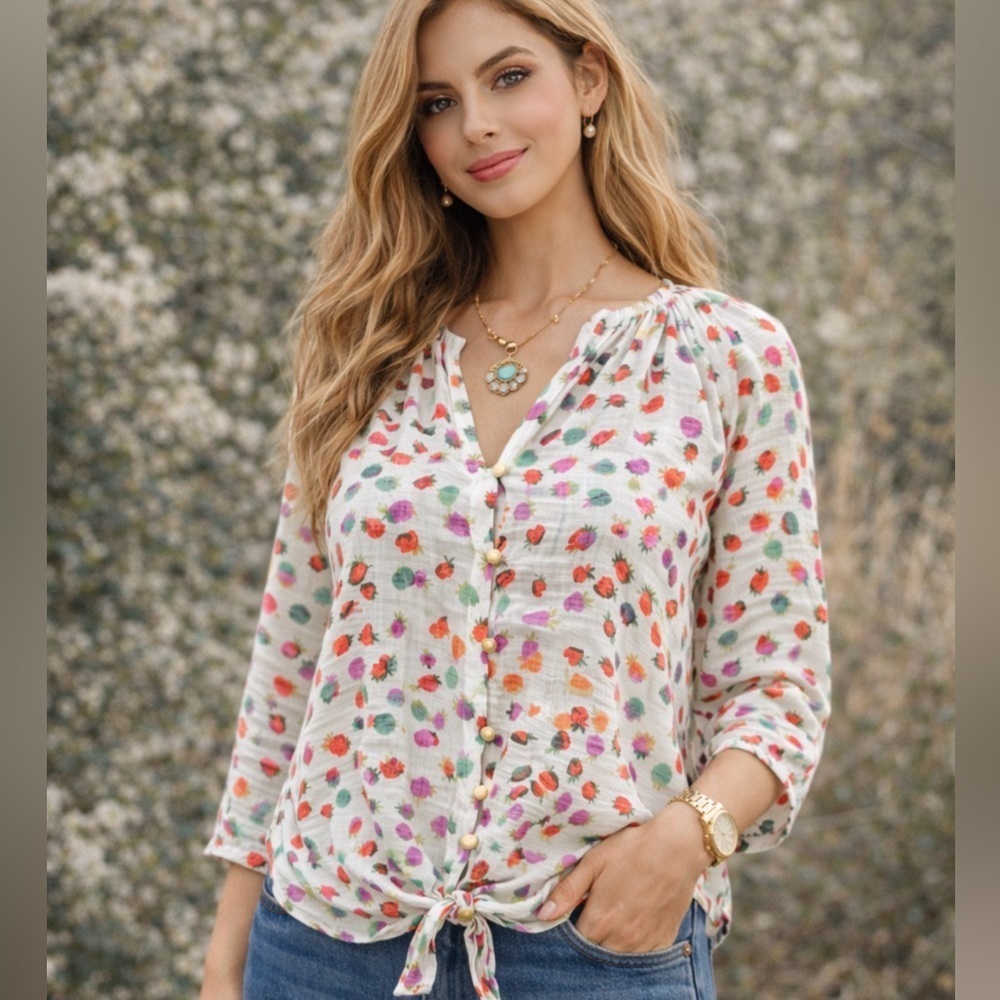 Hope & Harlow White Multicolored Strawberry Print Button Up Tie Front Blouse NWT